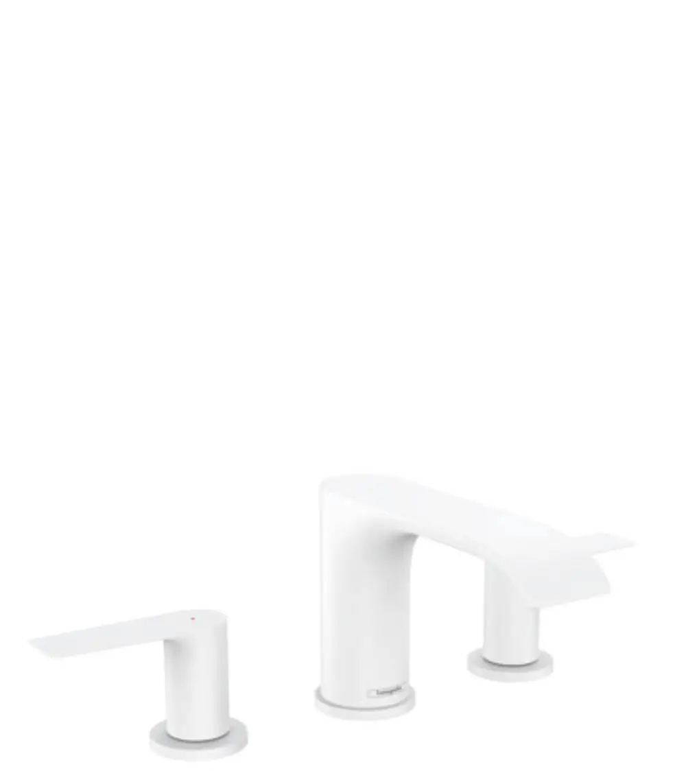 Weißes 3-Loch-Waschtischarmaturenset von Hansgrohe, bestehend aus zwei Hebelgriffen und einem Wasserhahn mit breiter Auslauföffnung. minimalistisches Design.